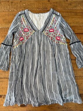 Kyla Seo Blue Stripe Embroidered V-Neck Tunic Top